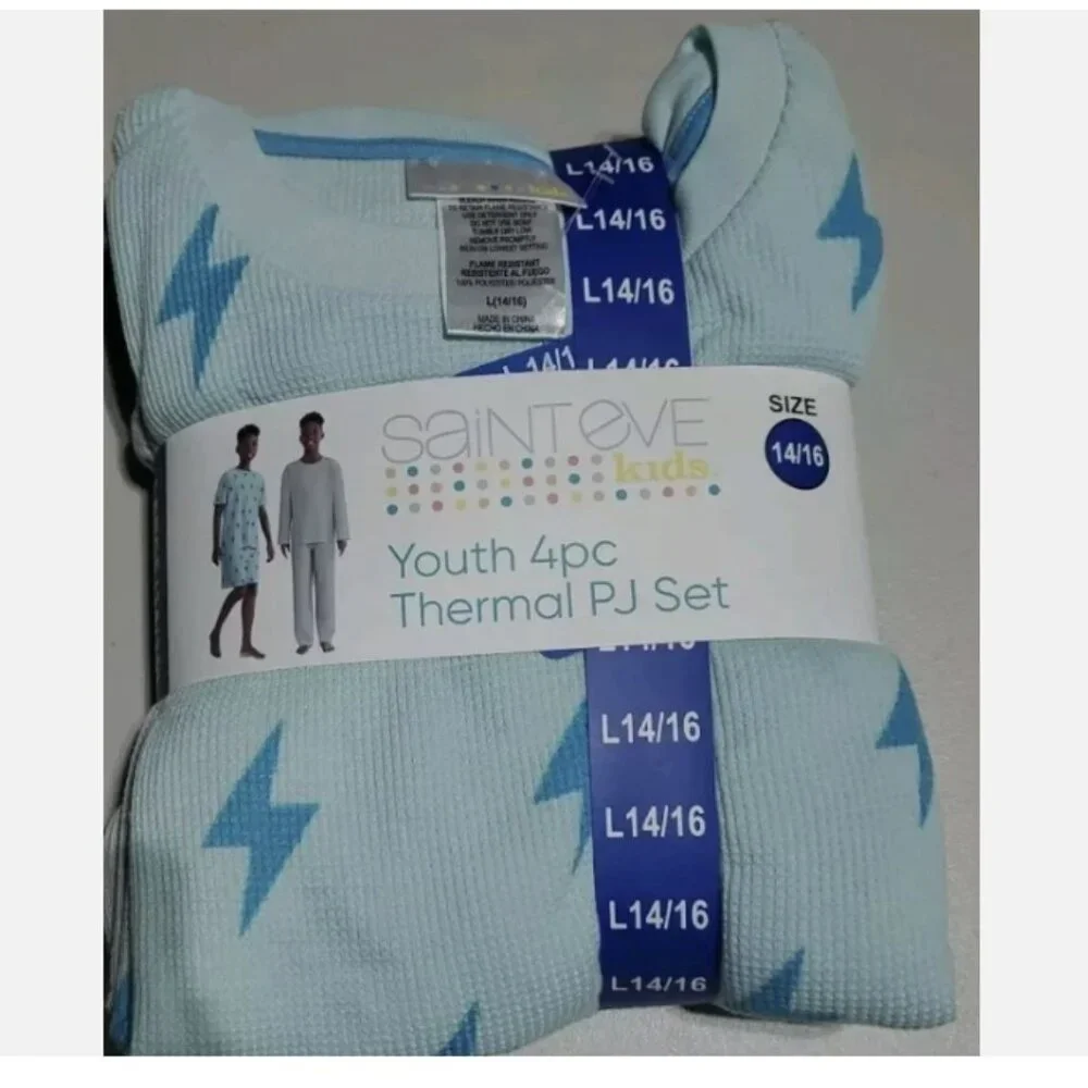 Saint Eve Youth Boy's 4 Piece Thermal Pajamas Blue/Grey Size L